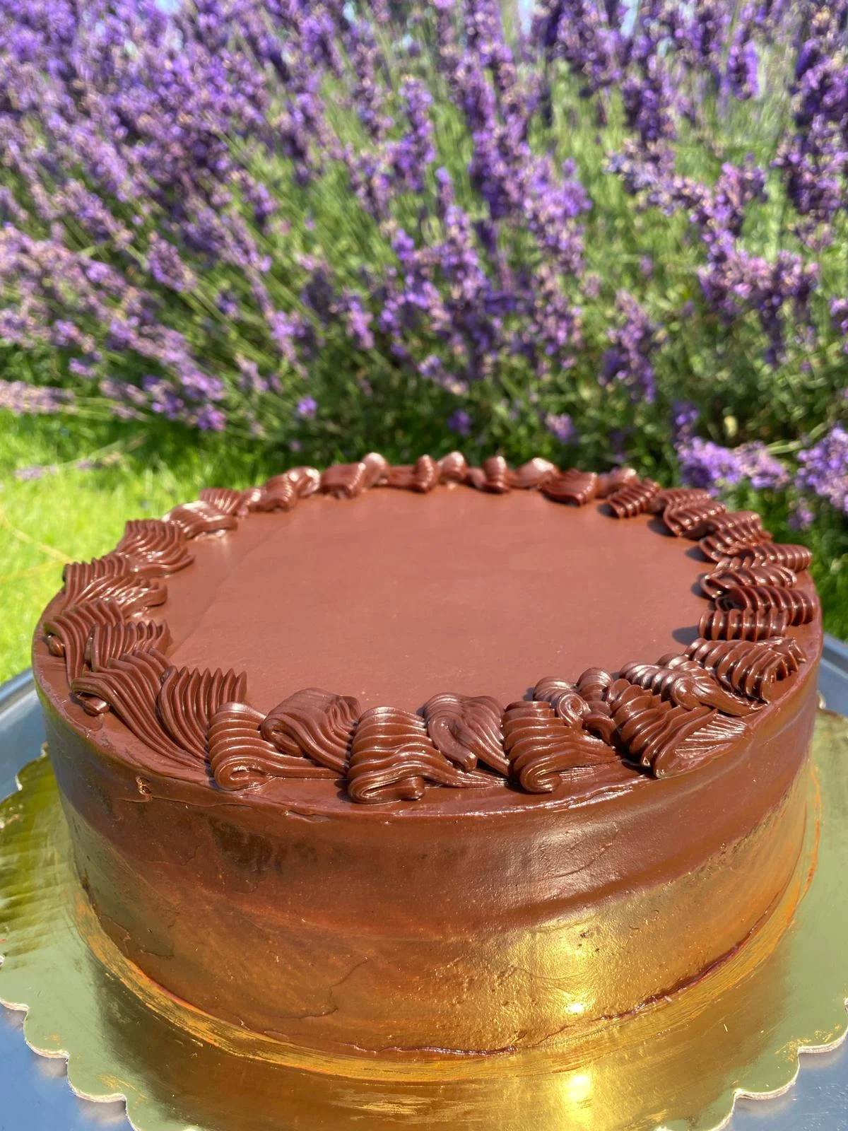 Chocolate cake with lavender decoration served at Downham Hall restaurant Essex