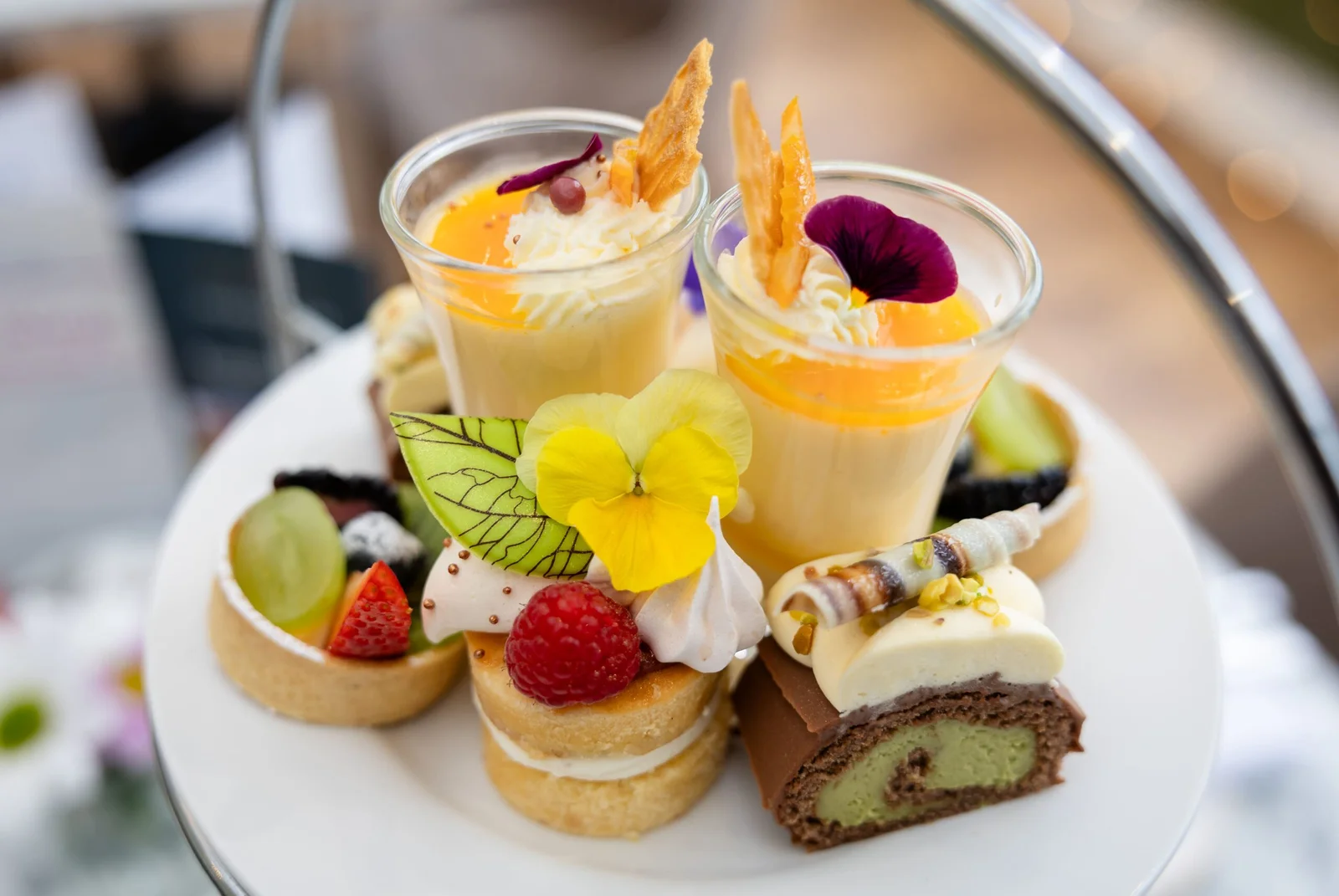Luxury afternoon tea desserts at Downham Hall Essex with pastries, fruit tarts and cream treats