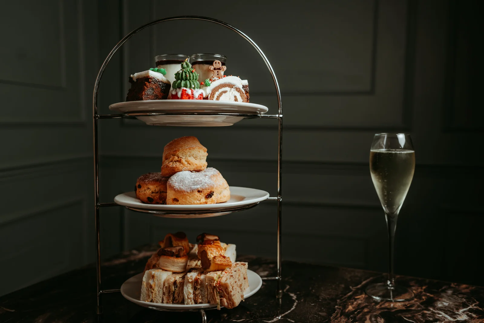 christmas afternoon tea at Downham Hall Essex with festive cakes scones sandwiches and champagne