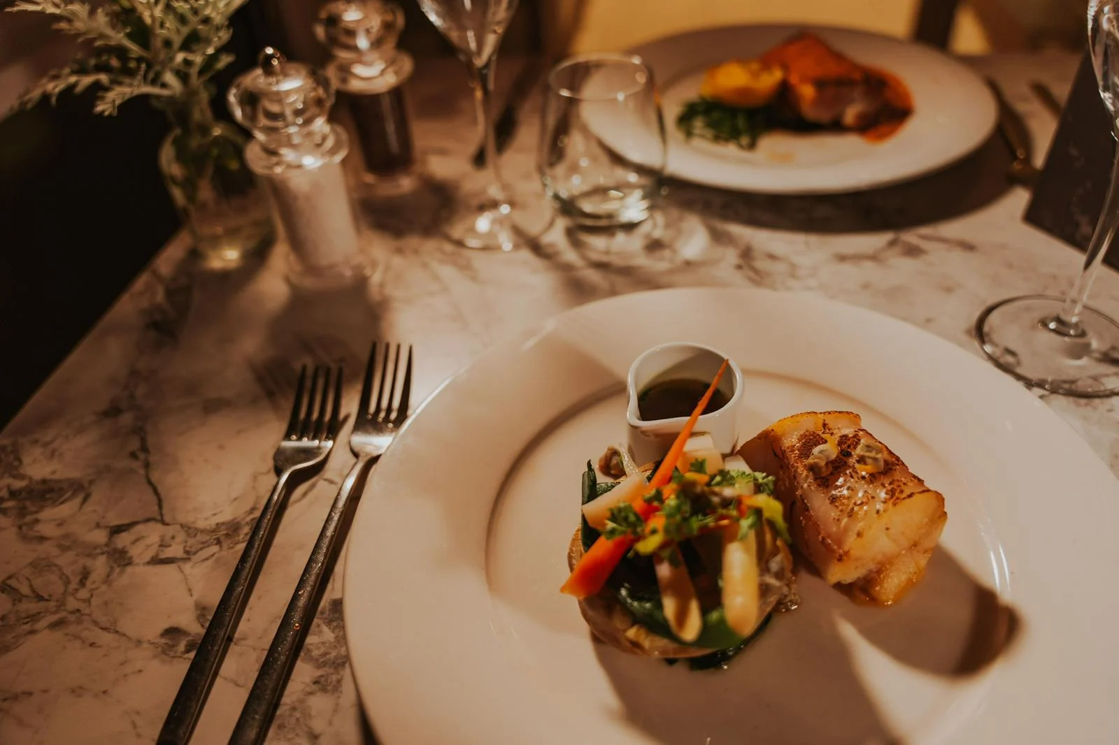 Fine dining plated dish at Downham Hall North Wing restaurant