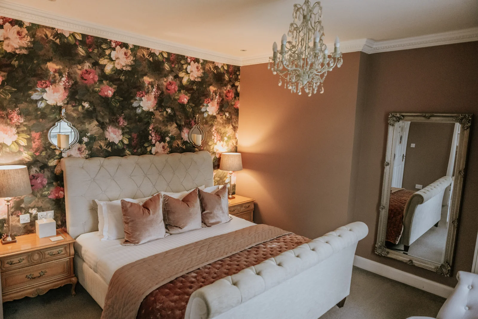 Bridal suite bedroom at Downham Hall Essex with luxury décor