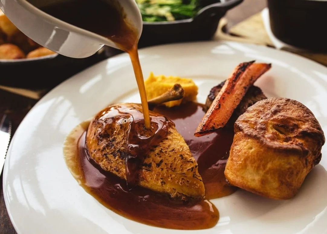 Traditional Sunday roast chicken with Yorkshire pudding and gravy at Essex restaurant