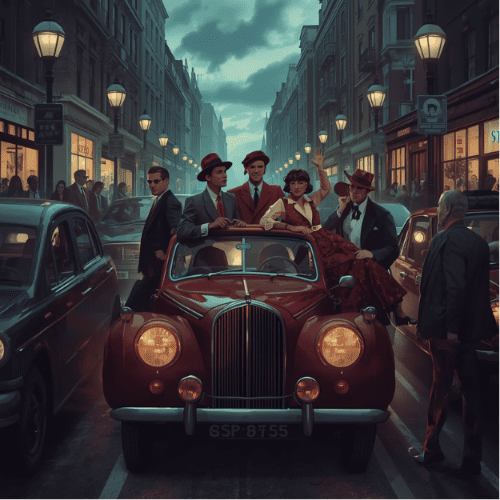 60's gang in car at night