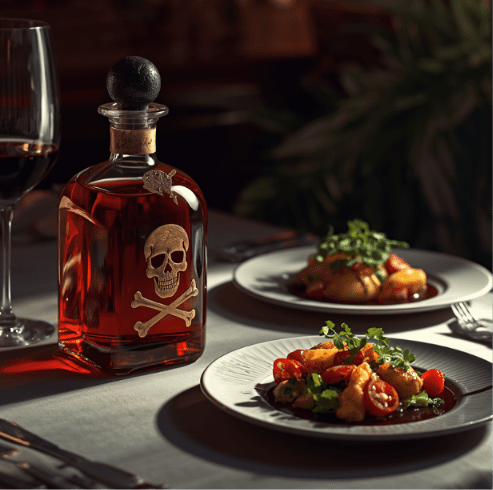 Poison bottle next to dinner plate