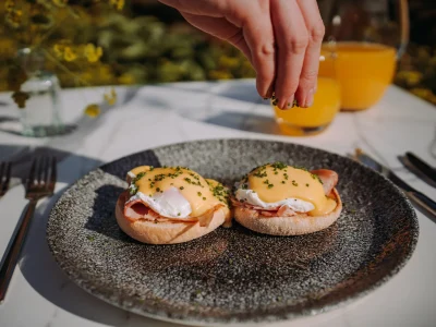 Eggs Benedict with hollandaise sauce served at North Wing Restaurant Essex