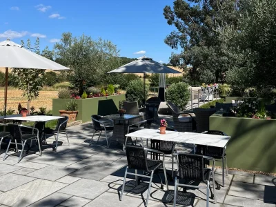 Garden Terrace Dining at Downham Hall Essex Outdoor terrace dining area at countryside restaurant in Essex with garden views